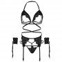 LEG AVENUE SET CUATRO PIEZAS SUJETADOR LIGUERO TANGA Y PUNOS TALLA UNICA NEGRO
